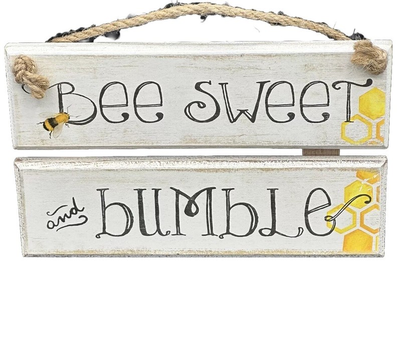New! “Bee Sweet & Bumble” Hanging Wood Sign Decor Farmhouse Cottage Hive Honey
