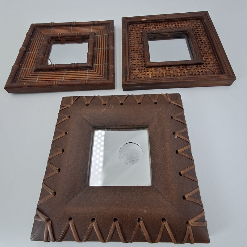 Set of 3 Intercontinental Art Inc. Mixed Media Square Wall Mirrors Boho Rattan