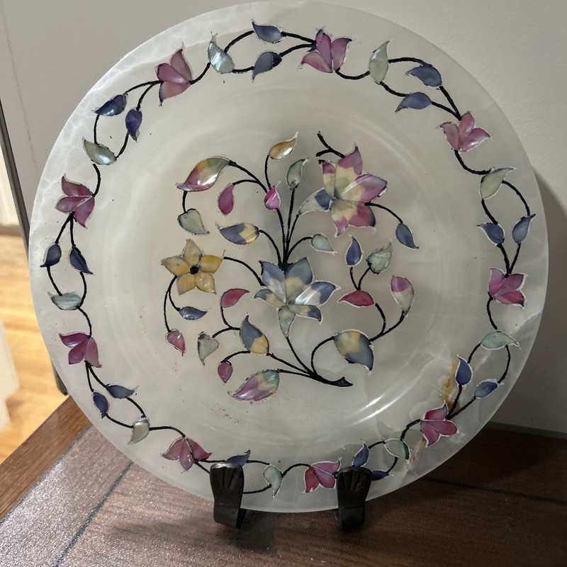 Vintage Marble Alabaster Stone 11,5″ Plate Multicolor Foral Stone Inlay