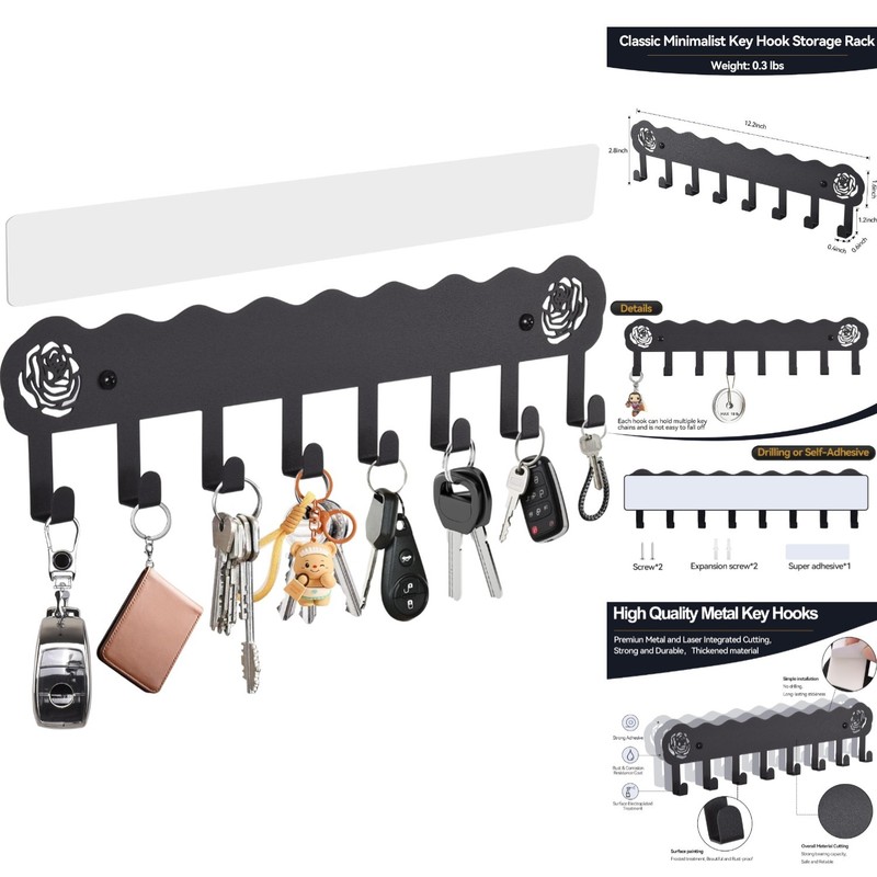 Wall Mounted Metal Key Holder 8 Hooks Self-Adhesive No-Drill Entryway Rack