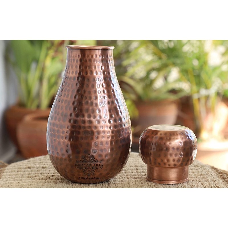 Copper Antique Dark Matka Hammered Bedroom Bottle with Inbuilt Glass 1600 ml gallery