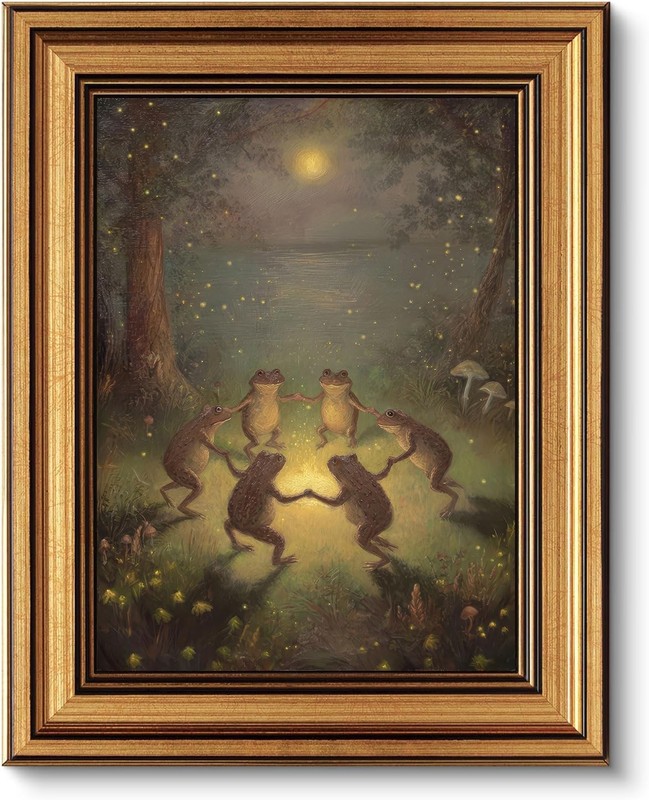 Gold Framed Wall Art, Vintage Whimsical Dancing Frogs Canvas Prints, Moonligh…