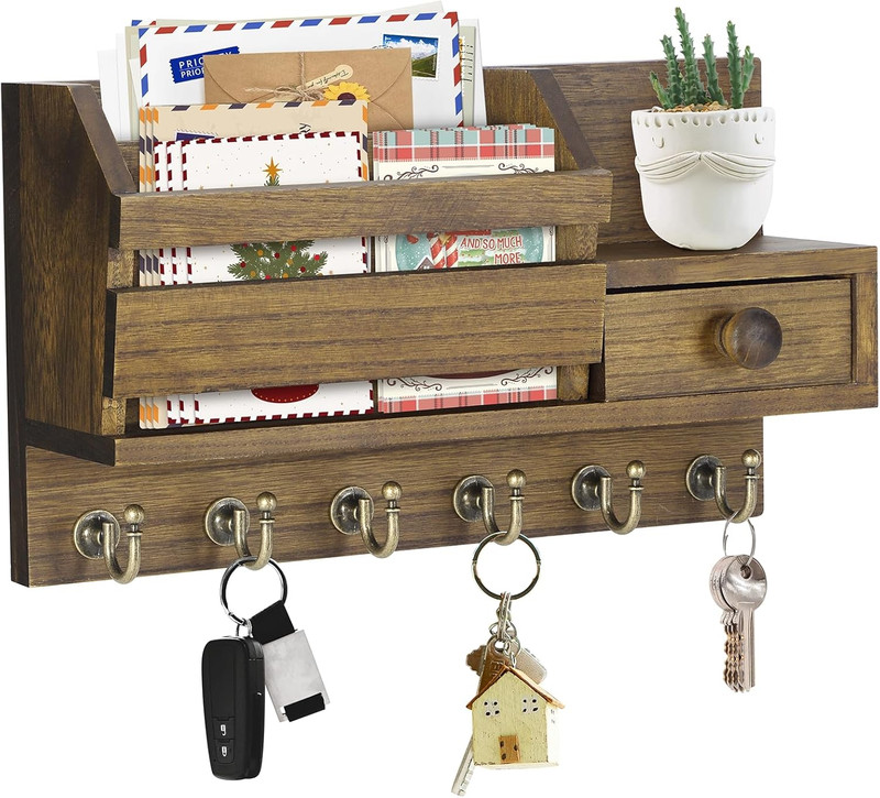 VIS'V Key Holder Wall Mount, Wooden Mail and Key Organizer with Drawer and Shelf gallery