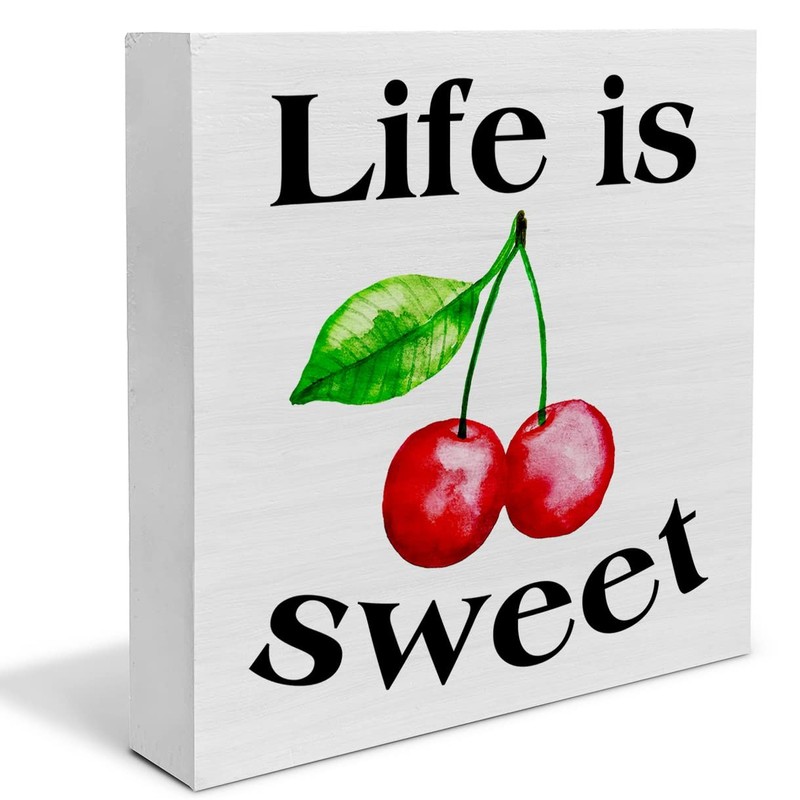 Summer Cherry Wooden Box Sign Life is Sweet Wood 5"L x 5"W, polychrome