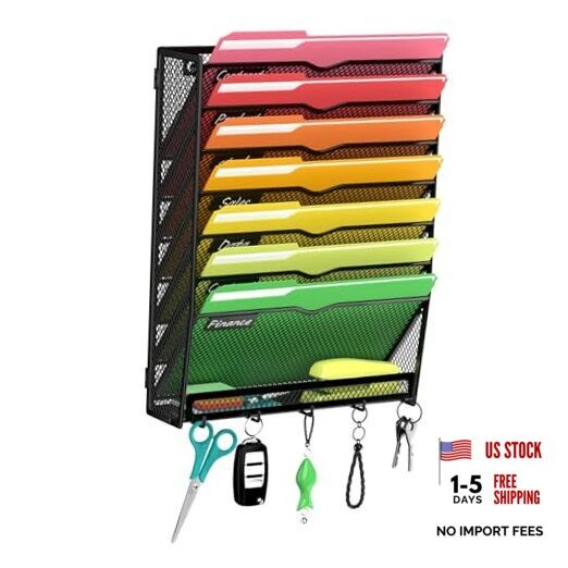 Hanging Wall File Organizer, Mail Organizer Wall Mounted with 8 Tier Black