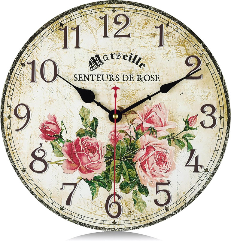 12 Inch Silent Wooden Rustic Pink Rose Wall Clocks for Living Room Decor, Vintag