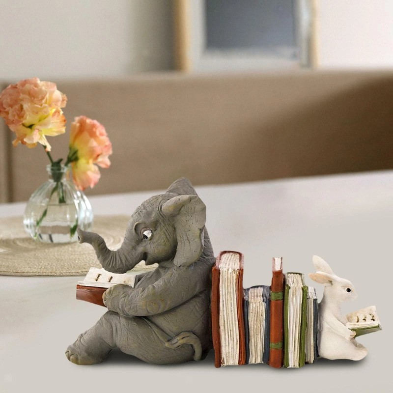 Elephant and Bunny Rabbit Reading Miniature Resin 4" Figurine gallery