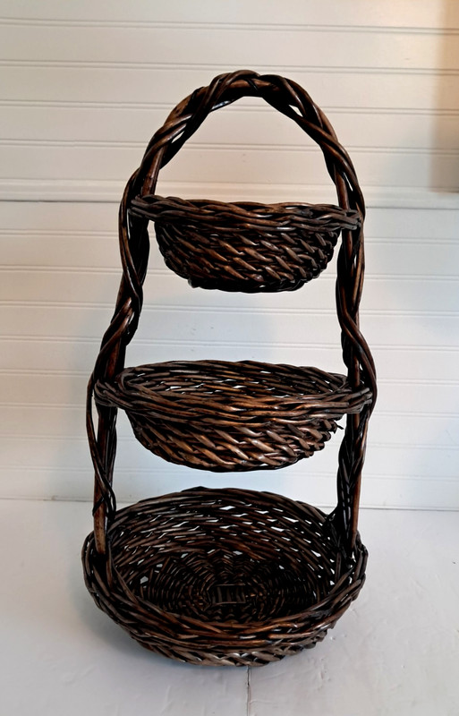 Triple Large Brown Wicker Basket 3 Tier Freestanding Farmhouse Easter 22" gallery