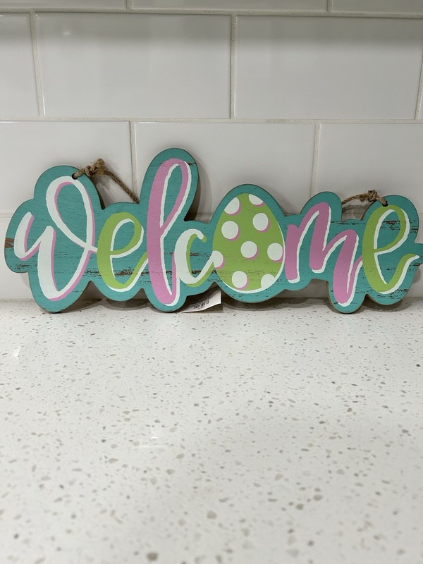 Wooden Decorative Welcome Sign Spring Polka Dot Pastel Colors Hanging Plaque