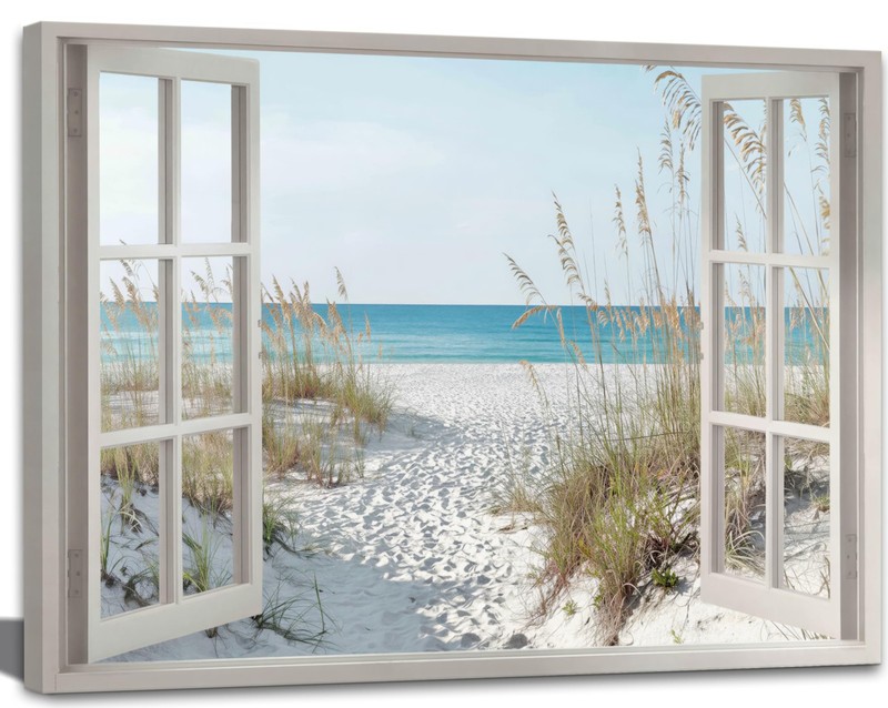 libitea Coastal Open Window Coastal Beach Wall Art - Seaside Dune Grass Canva...