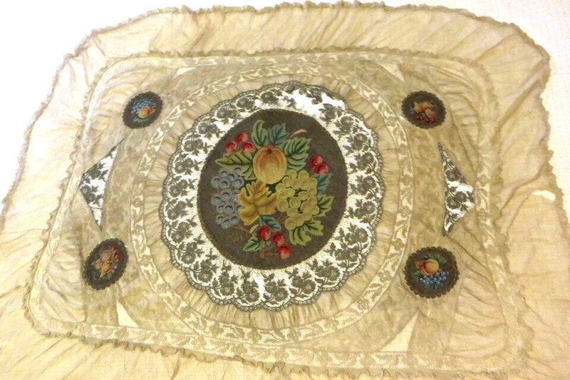 RARE Antique 19th Cen. Tapestry Mixed Lace & Metallic Lace Boudoir Table Cloth gallery