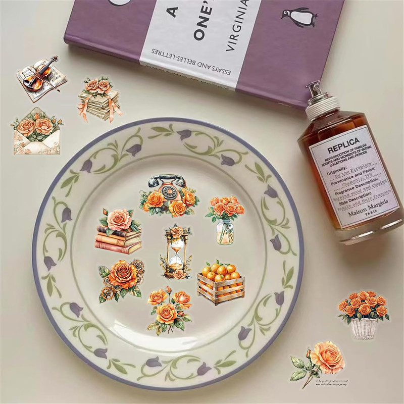 50PCS Orange Rose Stickers PET Transparent Stickers Nature Flower Decals Waterpr gallery