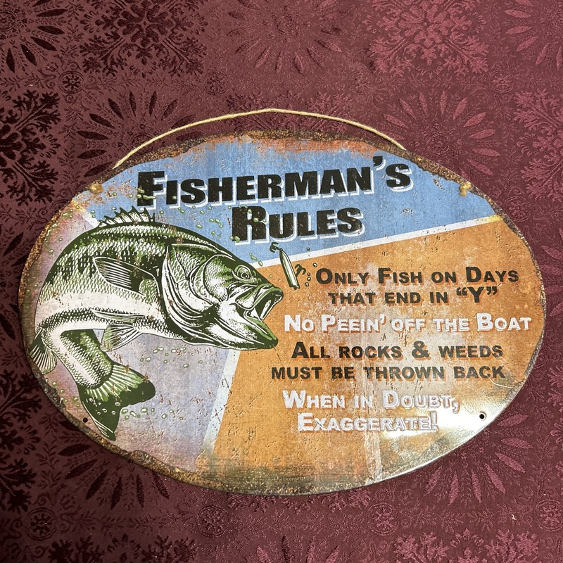 River’s Edge Products Oval Tin Sign Fishermans Rules Weatherproof 12x17in