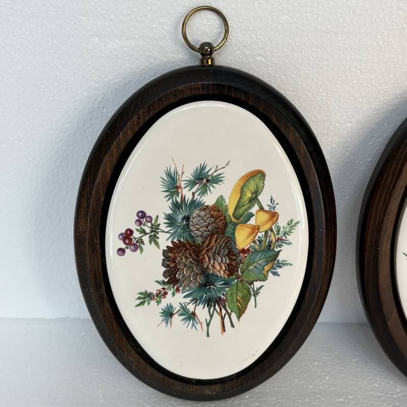 Vintage Wood And Tile Wall Plaques Pine Cones Mushroom Berries 2 8 X 5 1/2 gallery