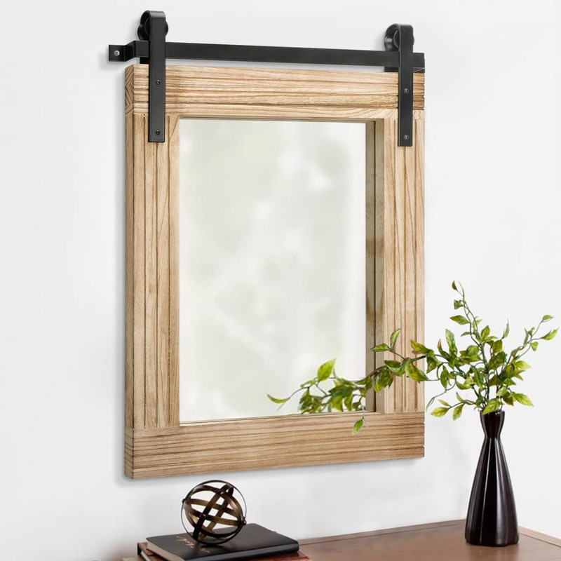 Rustic Barn Door Mirror 30″x22″ Wooden Frame for Farmhouse Bedroom & Bathroom