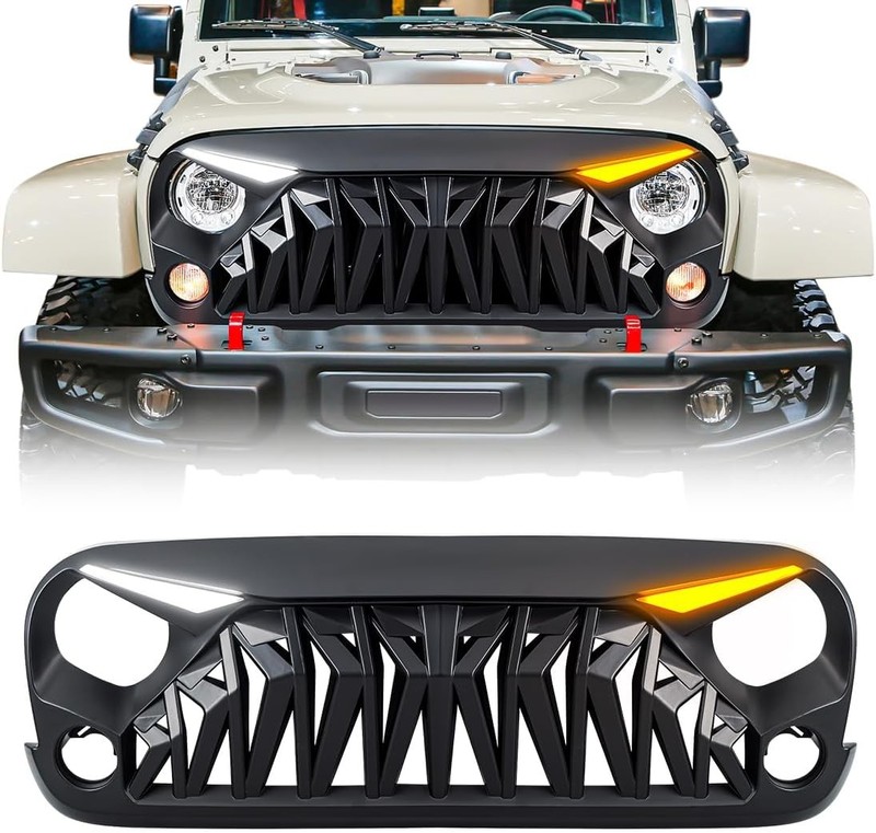 Front Grill Compatible with 2007-2018 Jeep Wrangler JK JKU, Shark Grille w/DRL T