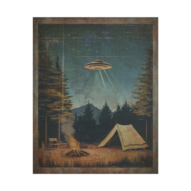 Vintage UFO ALIEN CAMPING Wall Art, Sci-fi Nature Poster, NHI Campsite UAP Decor