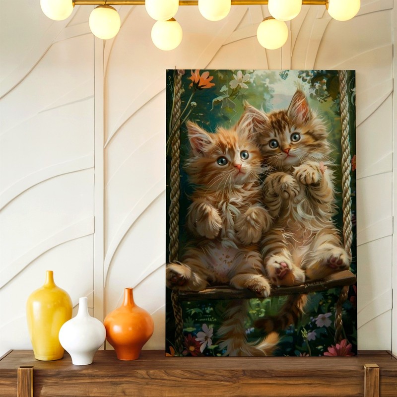 Wall Art Cute Fluffy Kittens on Swing Floral Garden Canvas Print Home Decor gallery