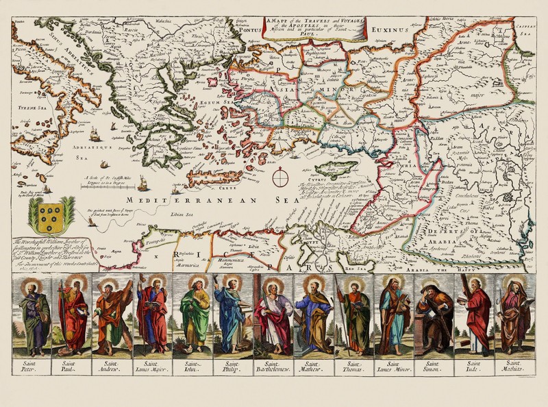 Historic Map – Mediterranean Apostles Travels Voyages – Loivther 1680