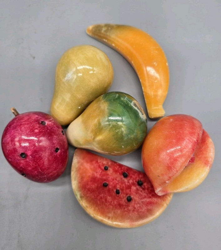Alabaster Marble Stone Fruit Lot Of 6 Pomegranate Peach Pear Banana Watermelon