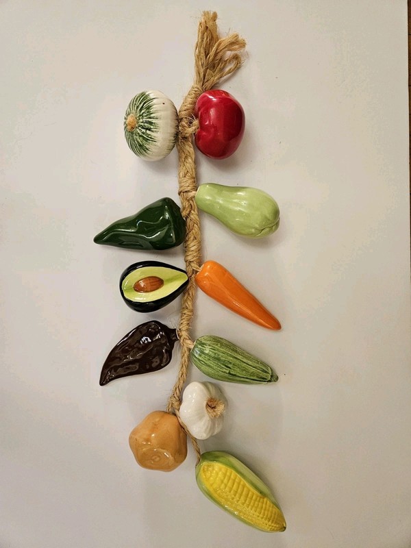 Vintage Ceramic Fruit And Vegetable 30″ Long Braided Rope Wall Hanging