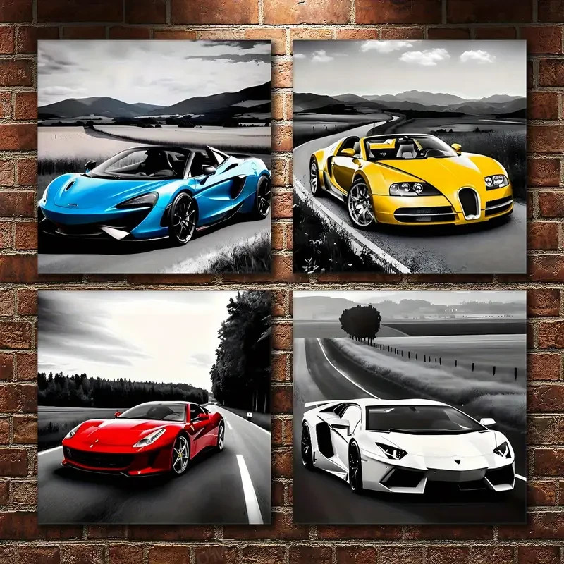 4pcs Colorful Racing Car Painting Wall Art Canvas Unframed/Framed