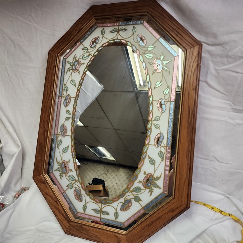 Vintage Cottagecore Floral Etched Stained Glass Mirror Octagon 1980s 90s 21″x31″