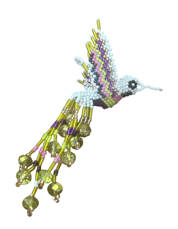 Spirit of Nature Ornament- HUMMINGBIRD- seed beads- white purple yellow pink