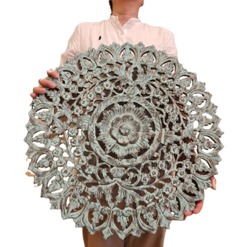 24" Round Teak Wood Wall Art Mandala Panel Turquoise Distressed #RS001