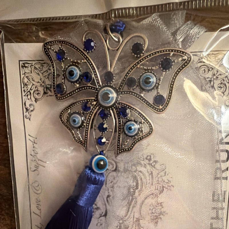 Blue & Silver Evil Eye Butterfly Hanging Suncatcher Ornament Charm w/ Tassel