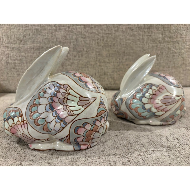 Vintage Macau Ceramic Bunny Rabbit Figurines Pastel Scalloped Pair Easter Decor
