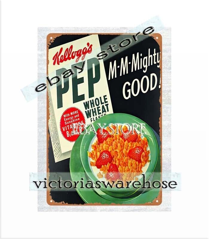1940S KELLOGG’S PEP WHOLE WHEAT FLAKES CEREAL metal tin sign discount art prints
