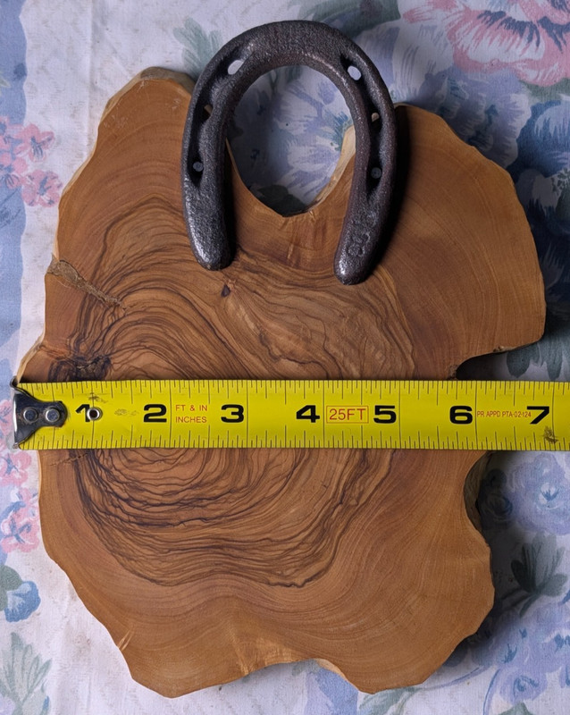 Vintage Natural Olivewood Tree Slice 9" Slab Cast Iron Horseshoe Handcrafted Art gallery