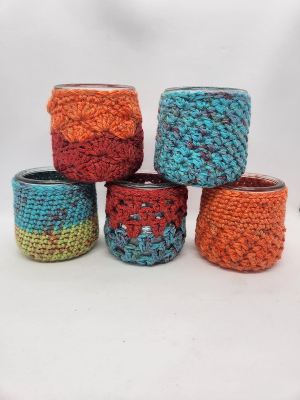 Handmade Crochet Covers Oui Yogurt Jar set/5 candleholder succulent pot catchall