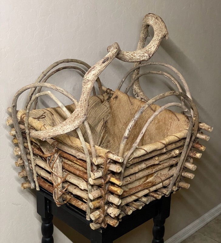 Native American Handmade Twig & Coconut Palm Husk Basket Freeform Branch Handle