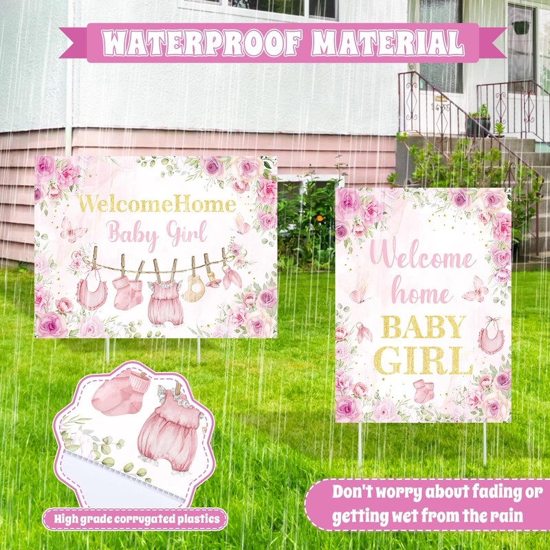 2Pcs Welcome Home Baby Girl Yard Sign Decorations, Pink Floral Baby Shower Ya... gallery