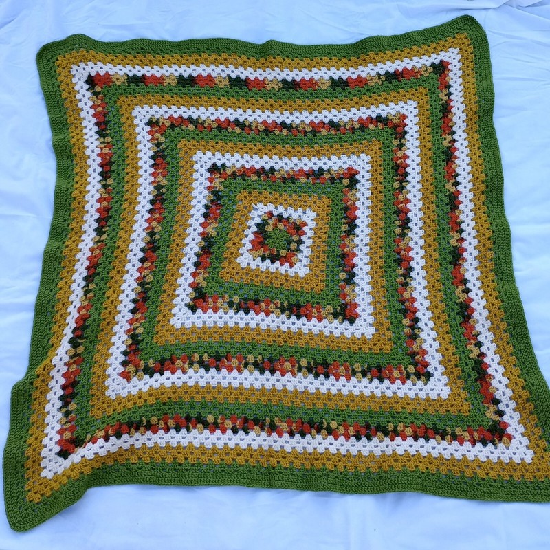 Vintage Crochet Granny Square Afghan Yellow White Green Orange 48×48 Inch