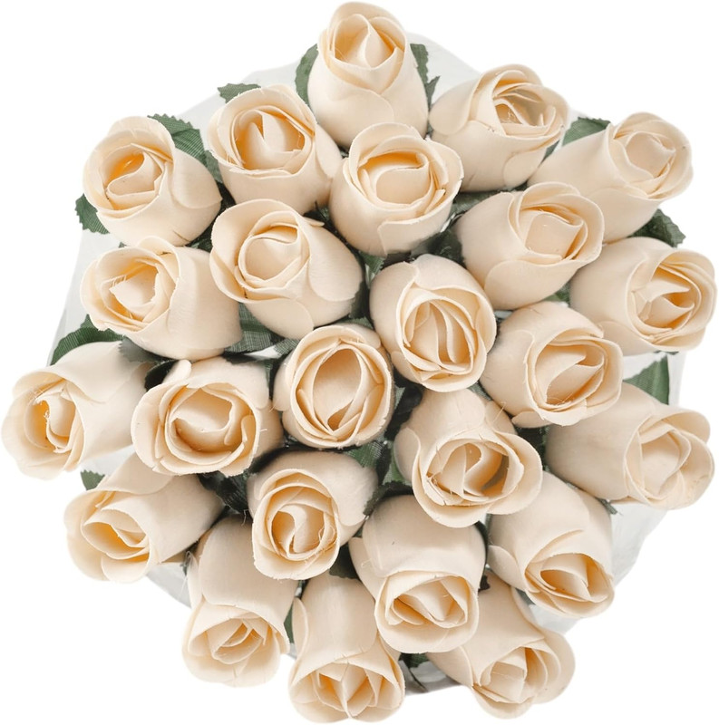 Bouquet Two Dozen 24 PCS Realistic Ivory White Wooden Roses, Forever Flower