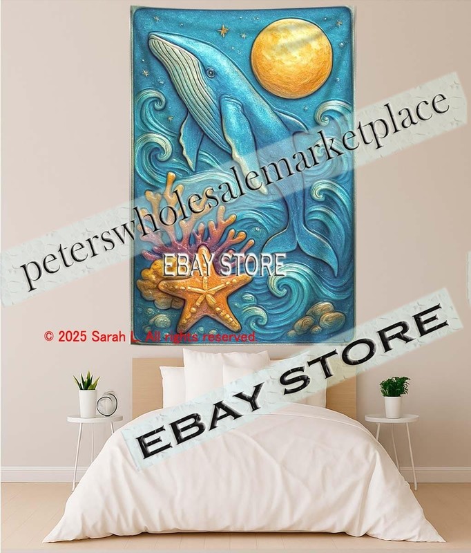 Whale Moon Ocean tapestry 3D relief look man cave 59X82 in gallery