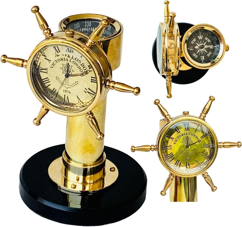Ship Wheel Decorative Shipwheel CompassClock – Handmade Brass Tabletop Desk Deco