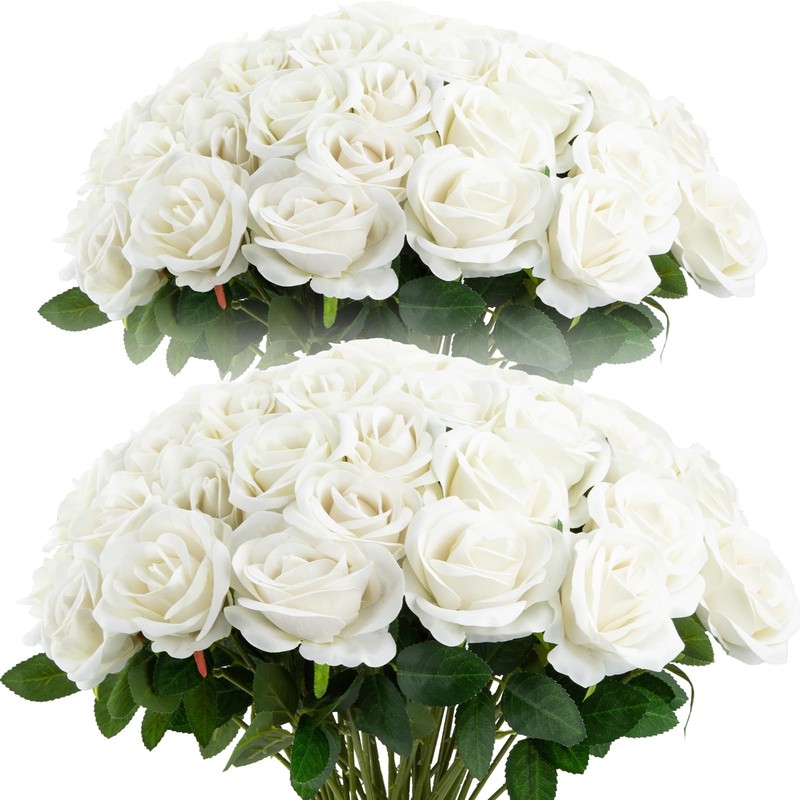 72 PCS Bulk White Roses Artificial Flower Realistic Velvet Silk Faux Wedding