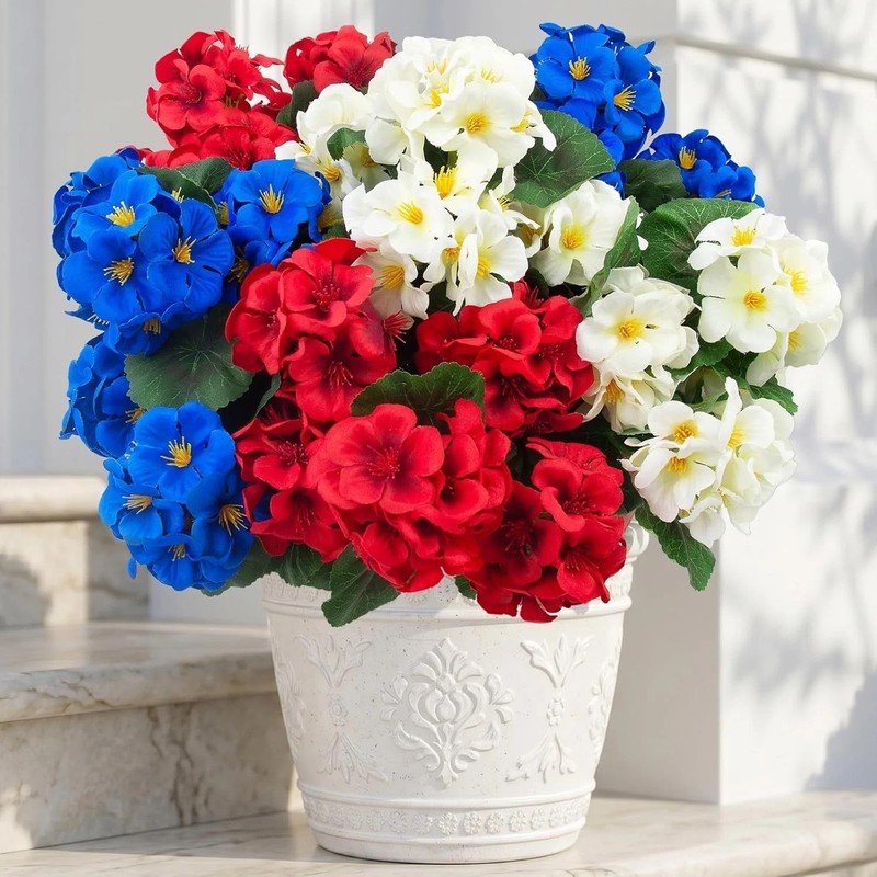12 Pcs UV Resistant Artificial Geranium Flowers - Red, White, Blue Decor gallery