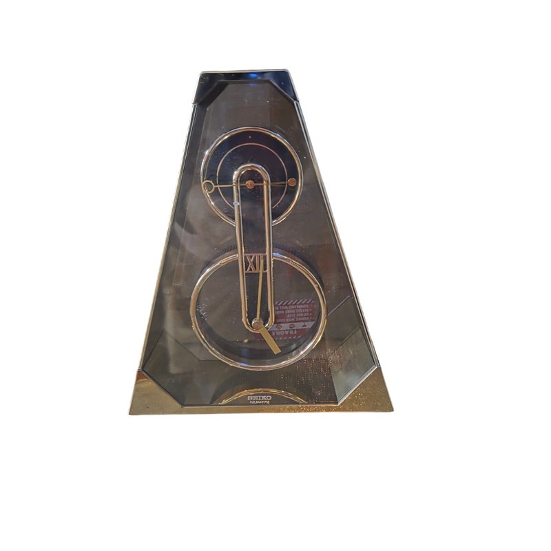 1980s Seiko Clock Quartz XII Pyramid Geometric Clear Plastic Gold Metal Works