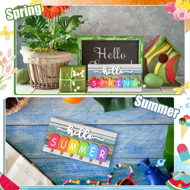 5 Pcs Hello Summer Interchangeable Sign Seasonal Sign Fall Winter Spring Tiered gallery