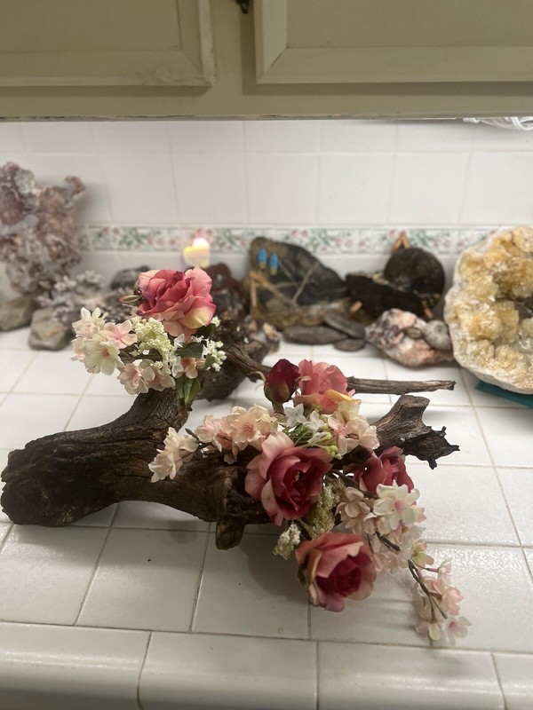 ORIGINAL FLORAL DESIGN WOOD BASE, ROSES, PEACH BLOSSOMS MOSSES BABY BREATH gallery