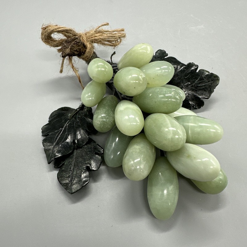 Vintage Chinese Hand Carved Natural Stone Grape Cluster Fruit with Jade Leaves