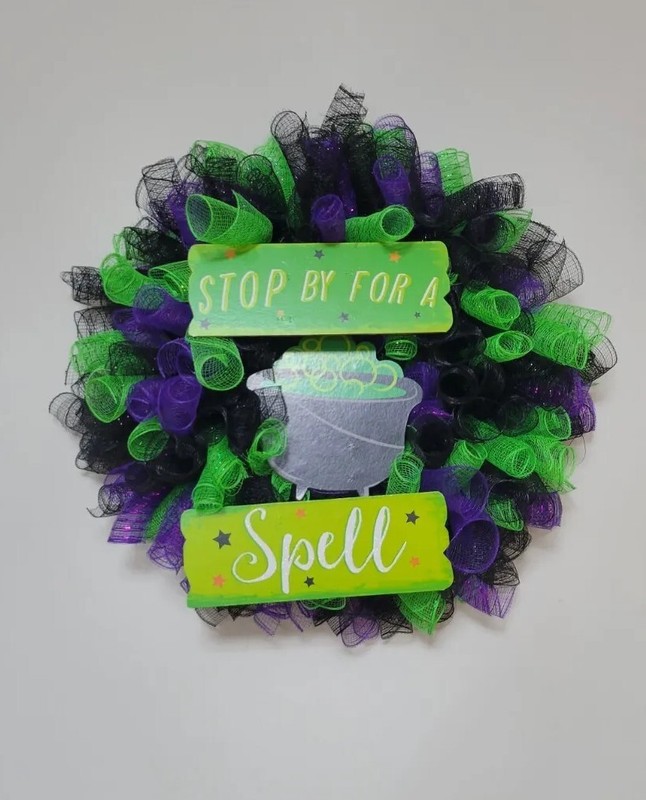 STOP BY FOR A SPELL WREATH Deco Mesh Front Door Wall Decor Decoration Halloween