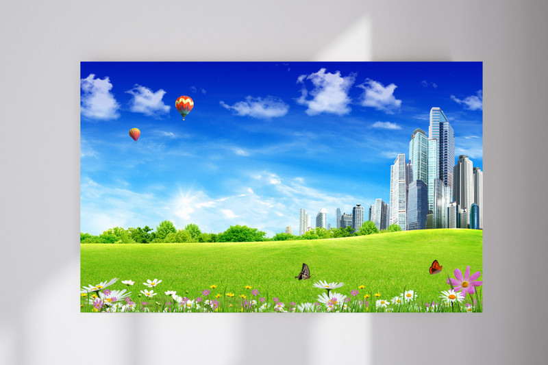 Frutiger Aero Sunny Sky Hot Air Balloons City Skyline Calm Relaxing Poster Print