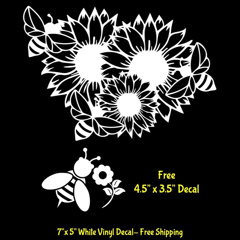 Bumble Bees & Sunflowers 7″ White Vinyl Decal Car Window Wall Door Mirror