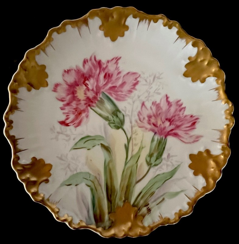 Antique Porcelain Plate Limoges France HP Signed Carnations Rococo Gold 8 3/4”